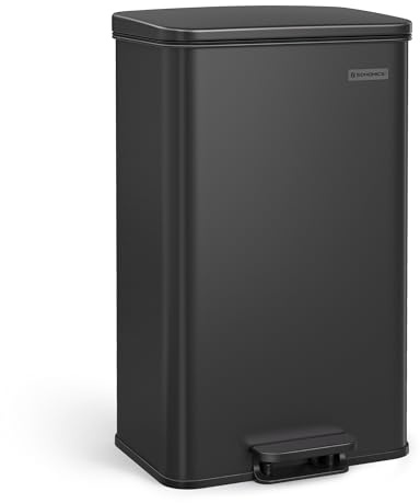 SONGMICS Kitchen Trash Can, 10.5 Gallon (40 L) Garbage Can, Large Step Trash Bin with Lid, Stainless Steel, Soft Close, 15 Trash Bags Included, Black ULTB540B40