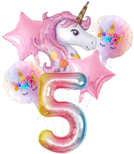 Einhorn Geburtstag Deko Set: Runde Einhorn Luftballons, 5 Stück, Mädchen Party Dekoration