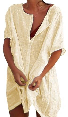 Svanco Strandklänning dam strandskjorta rund hals bikini casual döljer tröjor saronger bikini täcka upp skjorta kofta topp strandkläder baddräktsklänning, Beige färg, M
