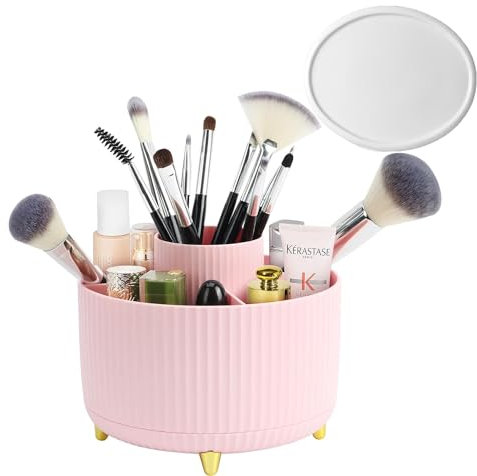 Hebaogugu 360°Makeup Brushes Organizer with Anti-slip Mat, Plastic Rotating Skin Care Organizer, 5 Slots Lazy Susan Cosmetic Storage Tray, Round Display Case for Essential Oil, Lotion (Round/Pink)