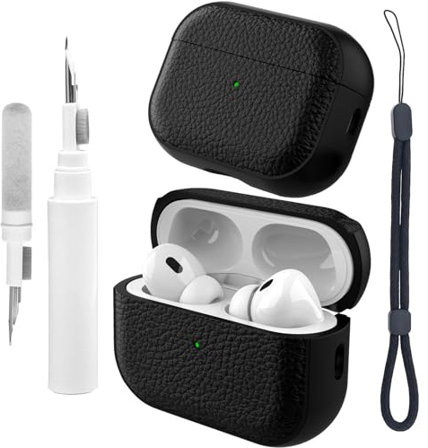Teyomi Coque Compatible avec Airpods Pro 2 avec kit de Nettoyage, étui de Protection en TPU Compatible avec Airpods Pro 2ème génération avec dragonne, Conception de Texture (Noir)