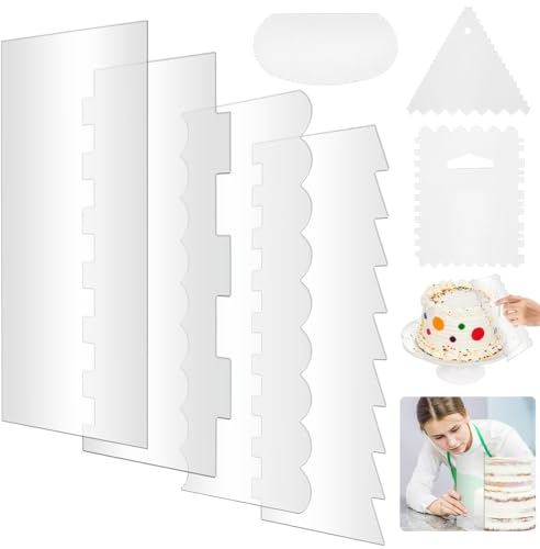 AFASOES 7 Stück Kuchenschaber Acryl Tortenspachtel Klares Kuchen Creme Spachtel Set mit Streifenrand Torten Schaber Acryl Tortenglätter Cake Scraper Spachtel für Kuchen Buttercreme DIY Werkzeug