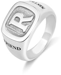 Customised Initial Ring with Side Engravings - Sterling Silver 925 Personalised Name, Year, Letter Rings with Dot - Ideal Father's Day, Birthday Gifts for Men, Women, Boys, Boyfriends, Dad