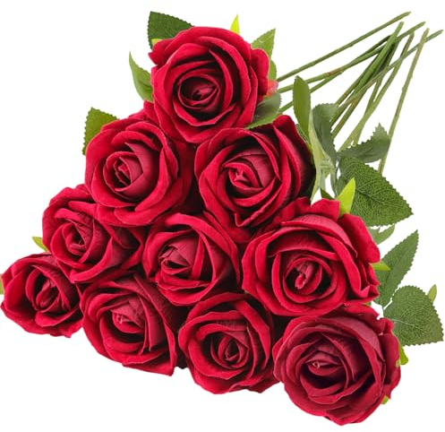 N&T NIETING Künstliche Rosen Blumen, 10 Stück Seidenblumen Einzelner Langer Stiel Fake Rose Künstlich Blumen für Brautstrauß Arrangement Hochzeit Home Table Party Hotel Dekoration(Dunkelrot,51cm)
