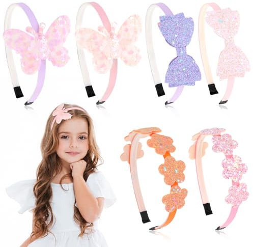 YUXIANLB 6er-Pack Haarbänder für Mädchen Mit Schleife Bunte Glitzer-Haarbänder für Kleine Mädchen Mit Glitzernder Plastikschleife Schmetterling Blumen Kleinkinder Haarschmuck für Klei