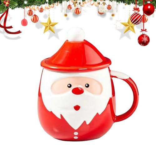 Embhlitfe Taza de Cerámica Navideña con Tapa de Nieve y Cuchara 500ml Preciosa Taza de Café Navideña en Forma de Papá Noel con Asa para Café Leche Té Zumo Oficina Mujeres Hombres Niños (A)
