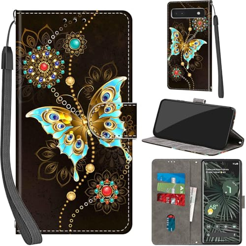 Handyhülle für Google Pixel 6A Hülle, grüner Schmetterling | PU Leder, Klappbar, Kartenfächer, Ständer, Kameraschutz, Brieftasche, Magnet, Stoßfeste, Muster Motiv
