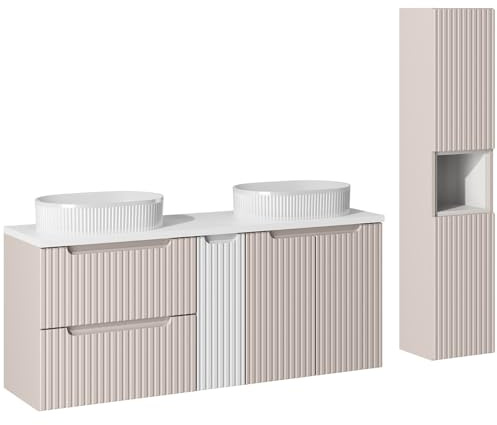 Lomadox Badezimmer Badmöbel Set 2-teilig mit 140cm Doppelwaschtisch & Hochschrank mit Regaleinsatz, Kaschmir und weiß, gerillte Front