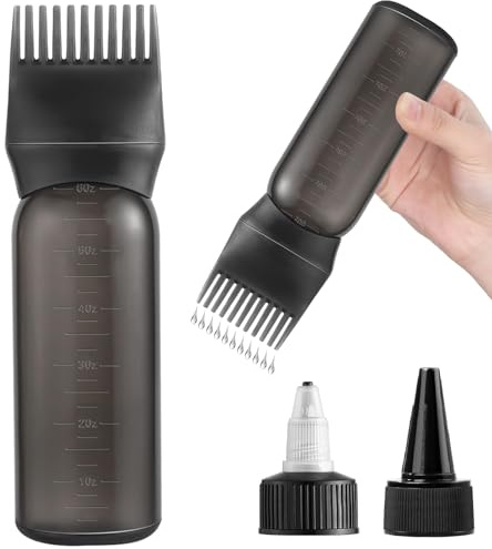 FXSPLCZ Root Comb Applicator Bottle Oil Applicator for Hair Dye Hair Oiling Bottle with 2 Types Caps and Graduated Scale, 6 Ounce (Black)