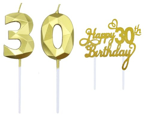Golden 30th Birthday Candle Set - Number 30 Cake Topper with Happy Birthday Sign - Perfect 30th Birthday Decorations and Party Supplies for Men - Elegant 30 Candle for Anniversary or Wedding.