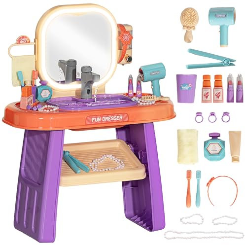 AIYAPLAY tavolo da trucco per bambini con specchio, luce LED, musica, tavolo cosmetico con rubinetto, accessori per bambini da 3 a 6 anni, viola