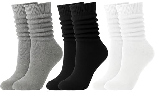 MUNSKT 3 Pairs Women's Slouch Sock, Extra Long Scrunch Knee High Sock, Novelty Cotton Knit Socks Fall Winter Boot Socks for Women Girls (UK, Alpha, One Size, Regular, Regular, Black+White+Grey)
