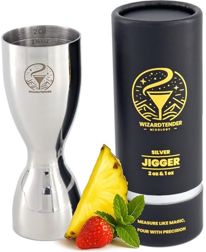 Cocktail Jigger for Bartending | Bar Jigger 2 oz 1 oz | Stainless Steel Cocktail Measuring Cup | Liquor Shot Measure Jiggers | Silver Shot Measuring Cup | Double Bell with 8 Marks | Wizardtender