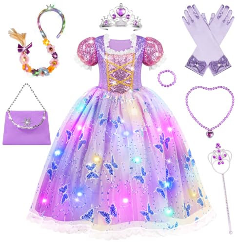 MerryXGift Prinzessin Kleid Mädchen, Lila Prinzessin Kostüm Mädchen mit Krone, Zauberstab, Haarband für 3-10 Jahre Kinder, Faschingskostüme Kinder für Karneval, Halloween, Geburtstag, Hochzeit