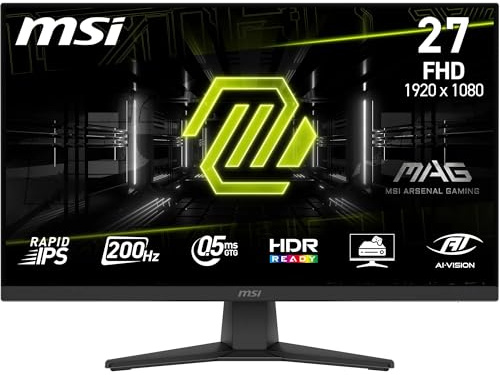 msi MAG 272F Monitor Gaming 27, FHD 1920x1080, 200Hz, 0,5ms, HDR Ready, AMD FreeSync Premium, Eye Care, AI Vision, HDMI 2.0b, DP 1.2a, Supporto Regolabile in Inclinazione, Montaggio VESA, Nero