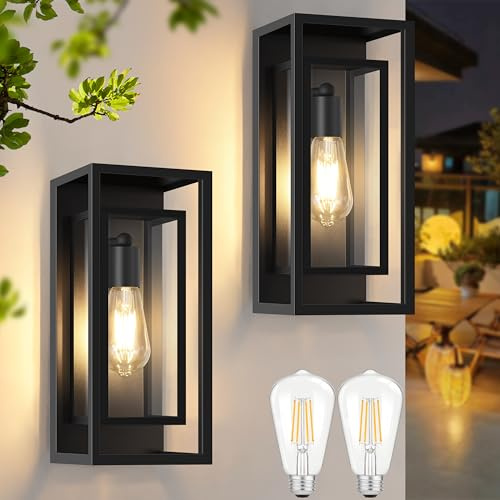 Feanron Outdoor Wall Lantern, Exterior Waterproof Black Porch Lights Wall Mounted, Sconces Wall Lighting with Clear Glass Shade, Anti-Rust 14''H Outdoor Wall Lights for Front Door Patio Garage, 2-Pack