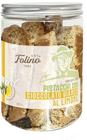 CasaFolino - Cantucci Pistacchi, Cioccolato Bianco e Limone Sotto 260g, Artigianali, Gusto Agrumato, Biscotti Italiani