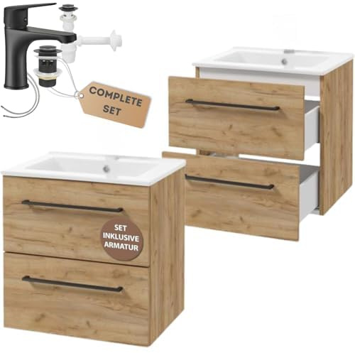 .Deftrans - Waschtisch mit Unterschrank 50 cm breit Set mit Zwei Schubladen - Waschbecken mit hängendem Unterschrank, schwarzer Armatur und Siphon - Waschtischunterschrank mit Waschbecken