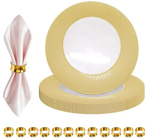 13-inch Clear Glass Charger Plates with Gold Checkered Design and Hammered Design Napkin Rings – Elegant Set for Weddings, Parties, Events, Table Decorations, and Catering - Set of 12