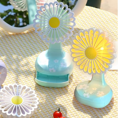 YZYOE Mini-Ladeventilator mit LED-Licht, netter grüner Chrysantheme geformter kleiner Ventilator, 3-Modus Multifunktional mit Aufbewahrungsbox und Ständer.