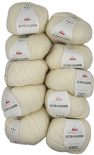 10 x 50 Gramm Ilkadim Export Ultra Kasmir Strickgarn einfarbig, 500 Gramm Strickwolle mit 25% Alpaca Wolle, uni (creme 56808)