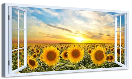 Quadro finestra panorama campo di girasoli tramonto - Stampa su tela con telaio in legno - 80x40 cm