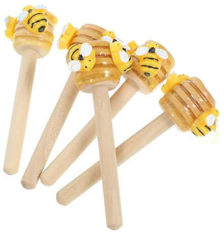 MUELODSIC 5pcs Honey Dipper Sticks with Mini Bees and Honey Design, 8cm Wood Decorative Tiered Tray Decor for Bee Day Party, Spring Summer Kitchen Ornament Set