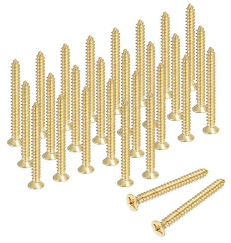 sourcing map Lot de 38 vis à bois cruciformes en laiton M3 x 30 mm, vis à bois plates cruciformes autotaraudeuses pour charnières de porte, travaux manuels en bois et projets de bricolage (doré, lot