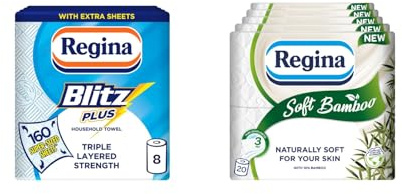 Regina Blitz Plus, 8 Rolls + Regina Soft Bamboo, 20 Rolls | 80 Strong Sheets Per Roll of Household Towel and 160 of Naturally Soft Sheets per Roll of Toilet Tissue