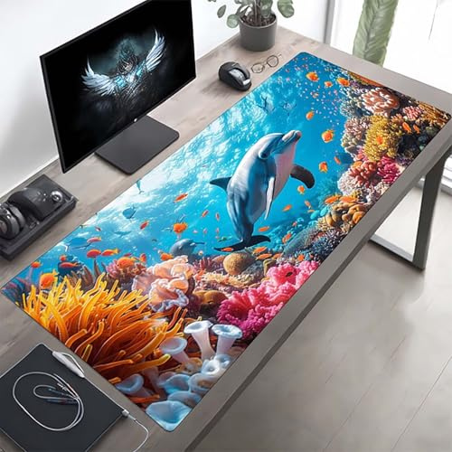Gaming Mauspad 1200x600x3mm Gaming Mousepad XXL Delphin Blau Mauspad Schreibtischauflage, Genähte Kanten Mausmat, rutschfeste Gummibasis, Schreibtisch Schutz für Home Büro, Geschenke PjY10418 2-M
