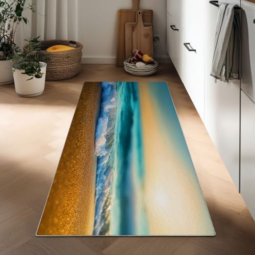 Realistische Fotografie Teppich Läufer 60 x 180 cm, Strand Sonnenuntergang Wellen Streifen Teppichläufer Flur rutschfest Waschbar Küchenläufer - Küchenteppich Läufer für Flur Schlafzimmer Wohnzimmer