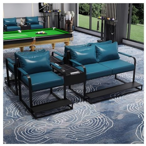 MPLFHSYOS Luxuriöse Billard-Sofagarnitur mit massiver Billardplatte, blauem Ledersessel, Billardhallen-Sofas und Zuschauerstühlen, ergonomischer Unterstützung(F)