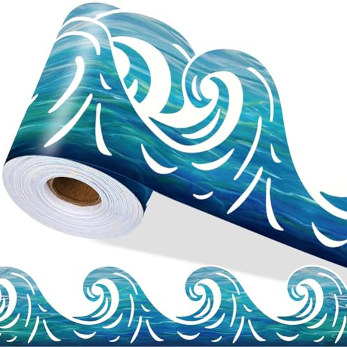 PRESSINART Ozeanwellen Pinnwand Bordüre Pinnwand Bordüre Zierleiste 197 x 4 Zoll Blau Meer Wellen Muster PVC Dekorative Selbstklebende Sticker Für Badezimmer Wäsche Küche Tafel Party Büro Zuhause