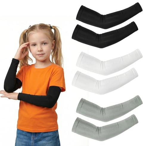 JEKUGOT 3 Pairs Arm Sleeves for Kids, UV Sun Compression Sleeve Arm, Utdoor Sport Sleeves Breathable for Boys Girls, Volleyball, Football, 5-12 Years for Sunburn Sleeve (Black, White, Grey)