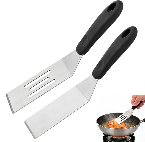Stainless Steel Spatula 2-Pack,Slotted Turner & Solid Metal Cooking Spatula for Griddle BBQ，Thin Edge Fish Spatula for Flipping Eggs Burgers, Small Kitchen Utensils Set Silver