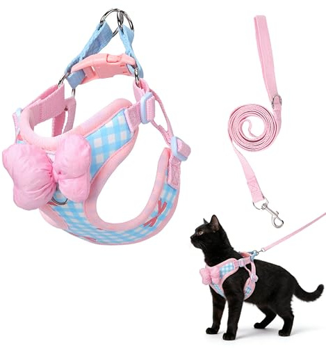 MSLSOZ Set med kattsele och koppel – mjukt andningsbart nät, justerbar flyktsäker kattsele med dubbla D-ringar, 1,5 m koppel, rosa fluga dekor – härlig säker utomhuspromenadutrustning för katt och