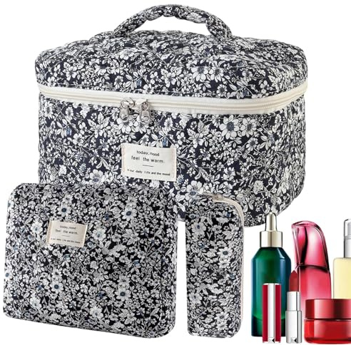 Gepolstertes Make-up Etui 3-Teiliger Großer Gesteppter Beauty-Pouch Aus | Toilettentasche Set für Damen Schule Outdoor Haus Bad Beauty