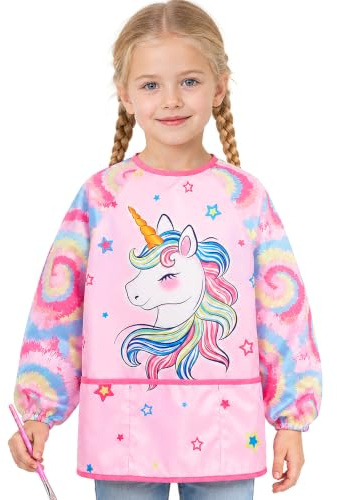 WERNNSAI Kids Art Smock Ages 3-12 | Waterproof Toddler Art Smock Painting Toddler Apron for Kids with Long Sleeve and 3 Pockets