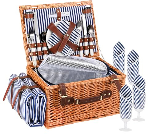 Cestino Picnic, Cesto Picnic Vimini con Scomparto Termico,Cestino Vimini con Coperta Impermeabile e Set di Posate, Set Pic Nic 4 Persone per Campeggio, Cestino Pic Nic(Blu)
