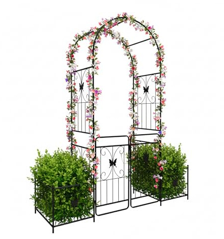 Relaxdays Rosenbogen Metall, Rundbogen mit Tor & 2 Pflanzkästen, HBT: 220x202x50 cm, Rankbogen Garten, Rosentor, schwarz | HBT: 220x202x50 cm, Rankbogen Garten, Rosentor