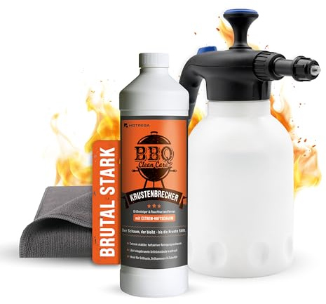HOTREGA Krustenbrecher Grillreiniger 1L Konzentrat | Extra starker | Inklusive Drucksprüher & Tuch | Ideal für Gasgrill, Grillrost und Smoker | Löst eingebrannten Ruß sowie Verkrustungen
