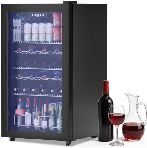 GUIVACI Frigorifero per bevande, 108 l, mini frigorifero con porta in vetro per 92 lattine, autoportante, 43 dB, silenzioso, a LED, per ufficio, camera e bar, nero