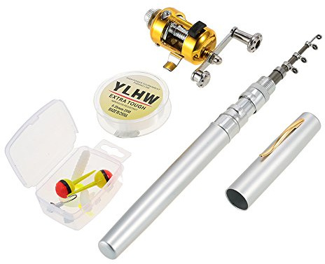 Lixada Reel Fishing Rod Combo Set Mini Teleskopisk fickpenna bärbar fiskespö stolpe aluminiumlegering mjuk fiskelinje, Jig-krokar (silver)