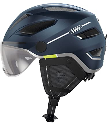 ABUS Stadthelm Pedelec 2.0 ACE - Fahrradhelm mit Rücklicht, Visier, Regenhaube, Ohrenschutz - für Damen und Herren - Blau Matt, Größe M