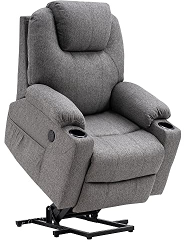 M MCombo Fernsehsessel mit Aufstehhilfe Elektrisch, Relaxsessel mit Liegefunktion bis 140°, Massagesessel mit Wärmefunktion, Knopf & Fernbedienung Verstellbar, mit USB, 7040 (Stoff, Grau)