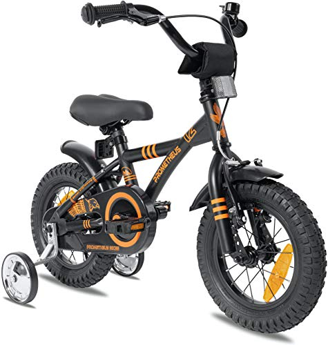 PROMETHEUS BICYCLES Bicicleta niño 3 años Bicicletas niña 12 Pulgadas Bici niños - Infantil con Pedales 3-4 años ruedines y Freno contrapedal Negro Mate y Naranja