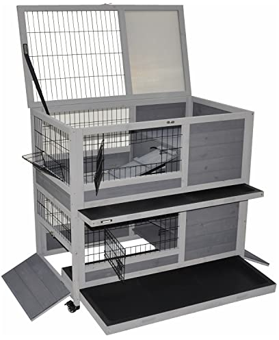 Kleintierstall Meerschweinchen Hamster Stall Hasenstall Indoor 90x53x95 cm – mit Zwei Schubladen, 2 Seitentüren, Höhle und praktischen Rollfüßen - grau