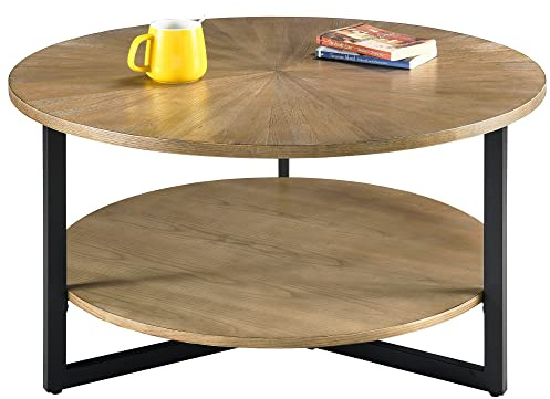 PADMA HOUSE Runt kaffebord, sidobord för soffa, för vardagsrum med metallram, vardagsrumsbord, med öppen förvaringshylla 85D * 45,3H (Gulbrun)