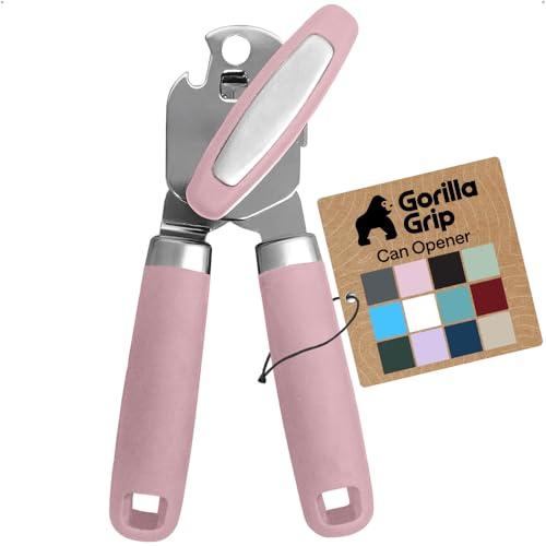GORILLA GRIP Heavy Duty Stainless Steel Smooth Edge Manual Can Opener and Bottle Openers, Soft Comfortable Handle, Oversized Handheld Turn Knob, US Designed Multifunctional Kitchen Tool, Pink