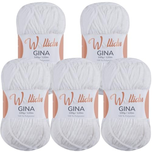 Wollidu Gina Chenille Wolle/Chenillegarn 5 × 100 g Set – 100% Polyester – je 120 m – Garnstärke 5 mm – zum Stricken & Häkeln – samtig-weiches Plüschgarn – Farbe Weiß 70136